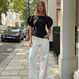 Puff Sleeve Knit Top – Elegant Fitted Short Sleeve Blouse