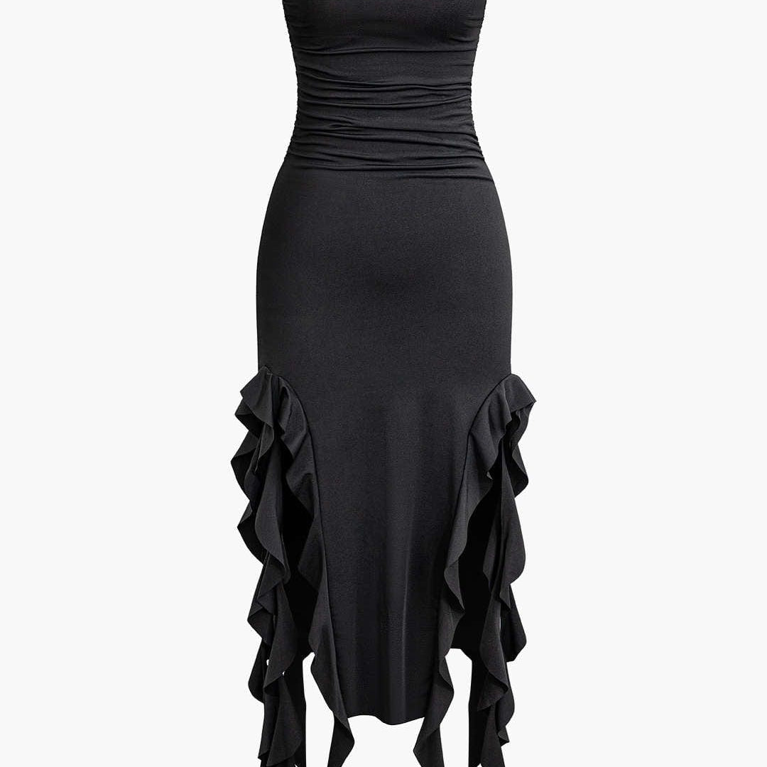Strapless Fringe Hem Bodycon Midi Dress