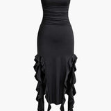 Strapless Fringe Hem Bodycon Midi Dress