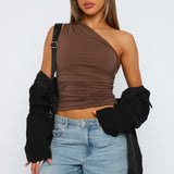 One Shoulder Ruched Burgundy Crop Top