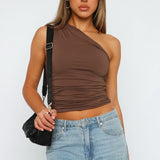 One Shoulder Ruched Burgundy Crop Top