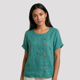 Women's Button Front Short Sleeve Linen Shirt