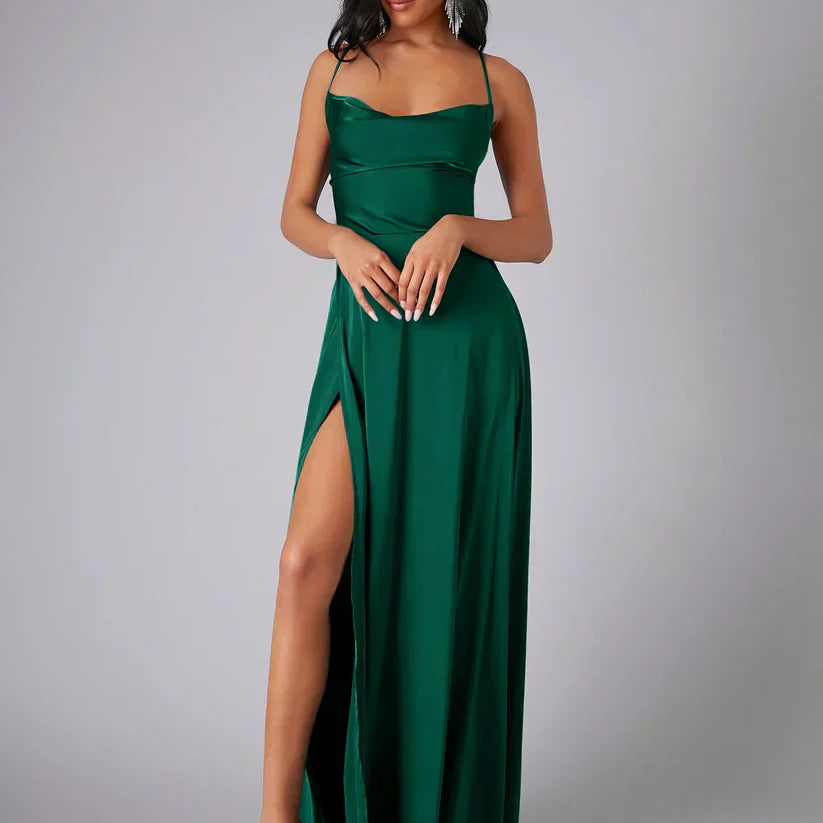 Satin Cowl Neck Maxi Dress with Side Slit