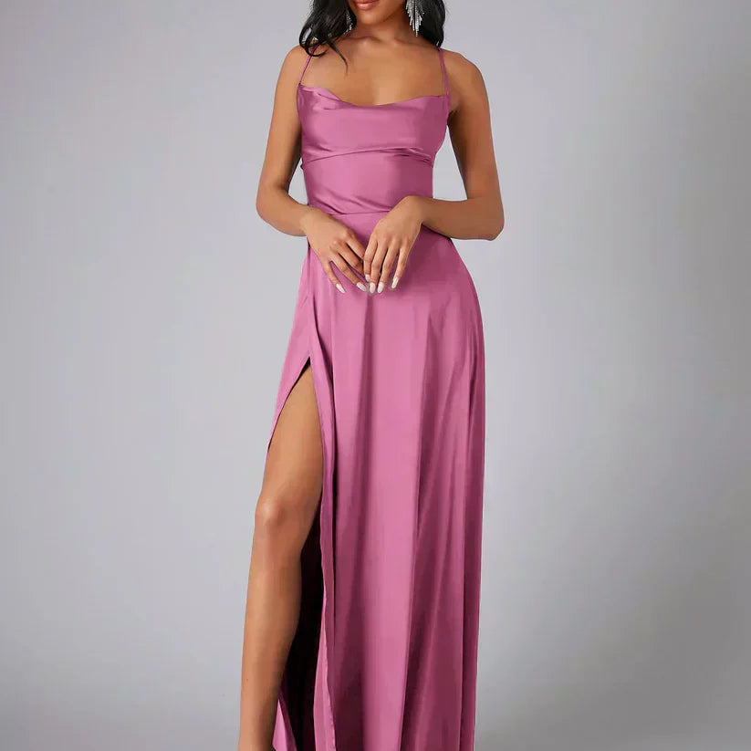 Satin Cowl Neck Maxi Dress with Side Slit