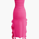 Strapless Fringe Hem Bodycon Midi Dress