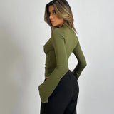 Long-Sleeved Lace Trim Wrap Top with Deep V-Neck