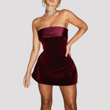 Strapless Velvet Mini Dress with Satin Trim