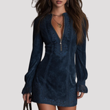 Embroidered Velvet Mini Dress with Zip Neck