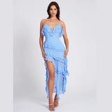 Ruffle Trim Midi Dress – Asymmetric Flowy Party Dress
