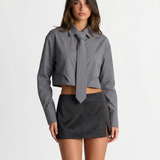 Cropped Tie Detail Shirt – Long Sleeve Structured Blouse