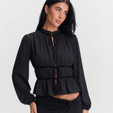 Pleated Waist Blouse – Sheer Long Sleeve Elegant Top