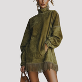 Fringe Hem Velvet Mini Dress with High Neck