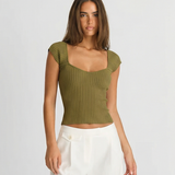 Ribbed Square Neck Top – Fitted Short Sleeve Knit