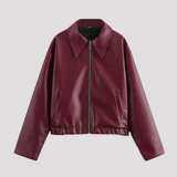 Women's Faux Leather Collared Bomber Jacket