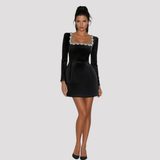 Square Neck Velvet Mini Dress with Crystal Trim