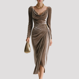 Draped Velvet Midi Dress with Long Sleeves