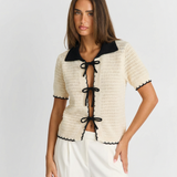Tie Front Knit Cardigan Top – Short Sleeve Textured Fit