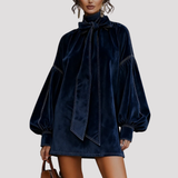Bow Neck Velvet Mini Dress with Puff Sleeves