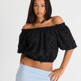 Off Shoulder Crop Top – Textured Puff Sleeve Blouse