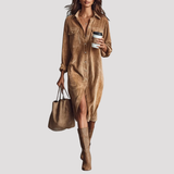 Button Front Velvet Shirt Midi Dress
