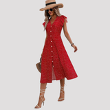 Women's Button Front Polka Dot Midi Dress