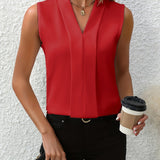 Women's V-Neck & Sleeveless Pleated Top - Matte Weave Finish