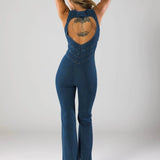 Plunge Neck Fitted Denim Jumpsuit with Flared Legs