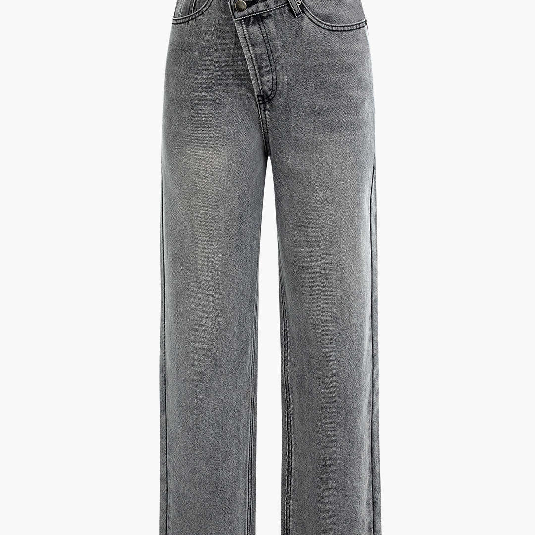 Asymmetric High-Waisted Straight-Leg Jeans in Light Wash Denim