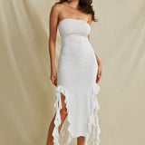 Strapless Fringe Hem Bodycon Midi Dress
