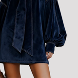 Bow Neck Velvet Mini Dress with Puff Sleeves