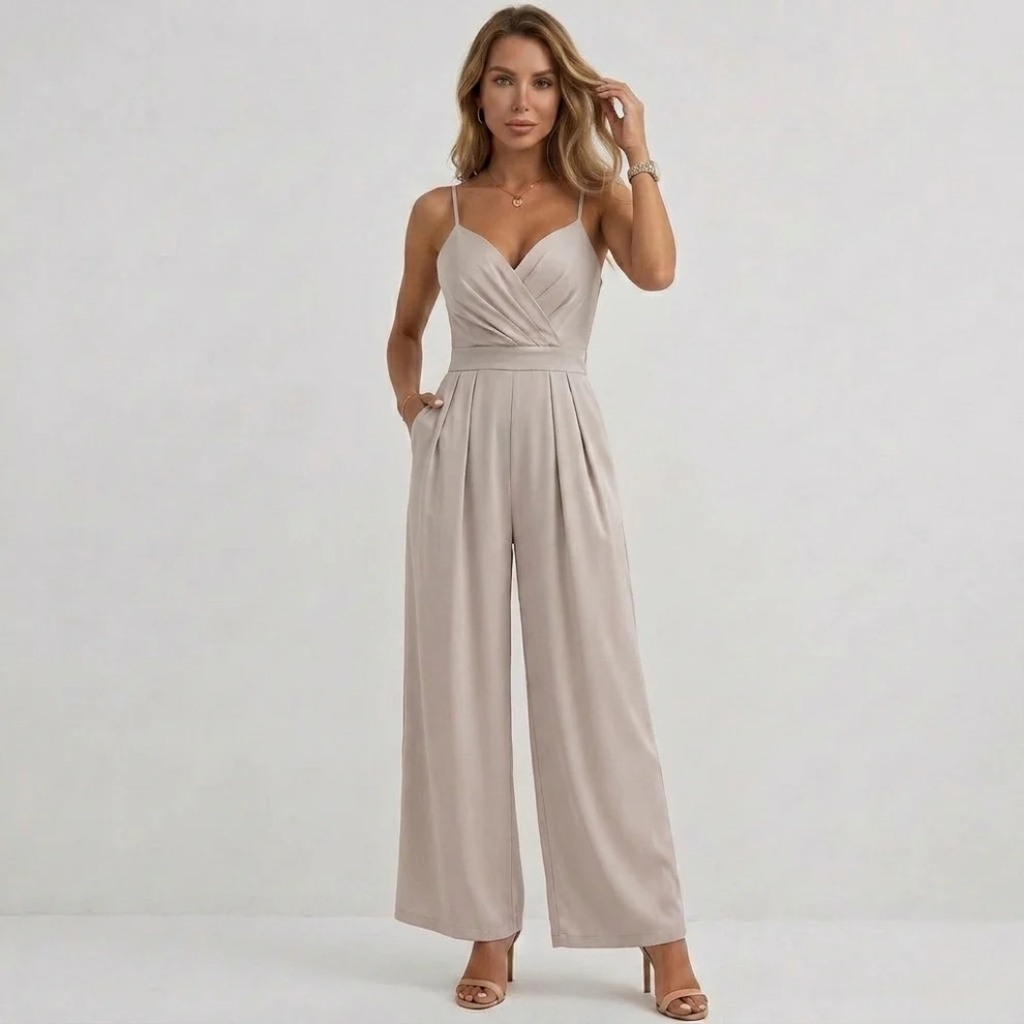 Women's High Waisted Spaghetti Strap Jumpsuit - Draped & Pleated