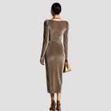 Draped Velvet Midi Dress with Long Sleeves