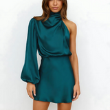 One-Shoulder Satin Mini Dress with Long Sleeve
