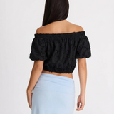 Off Shoulder Crop Top – Textured Puff Sleeve Blouse