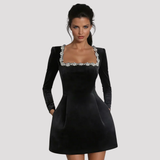 Square Neck Velvet Mini Dress with Crystal Trim