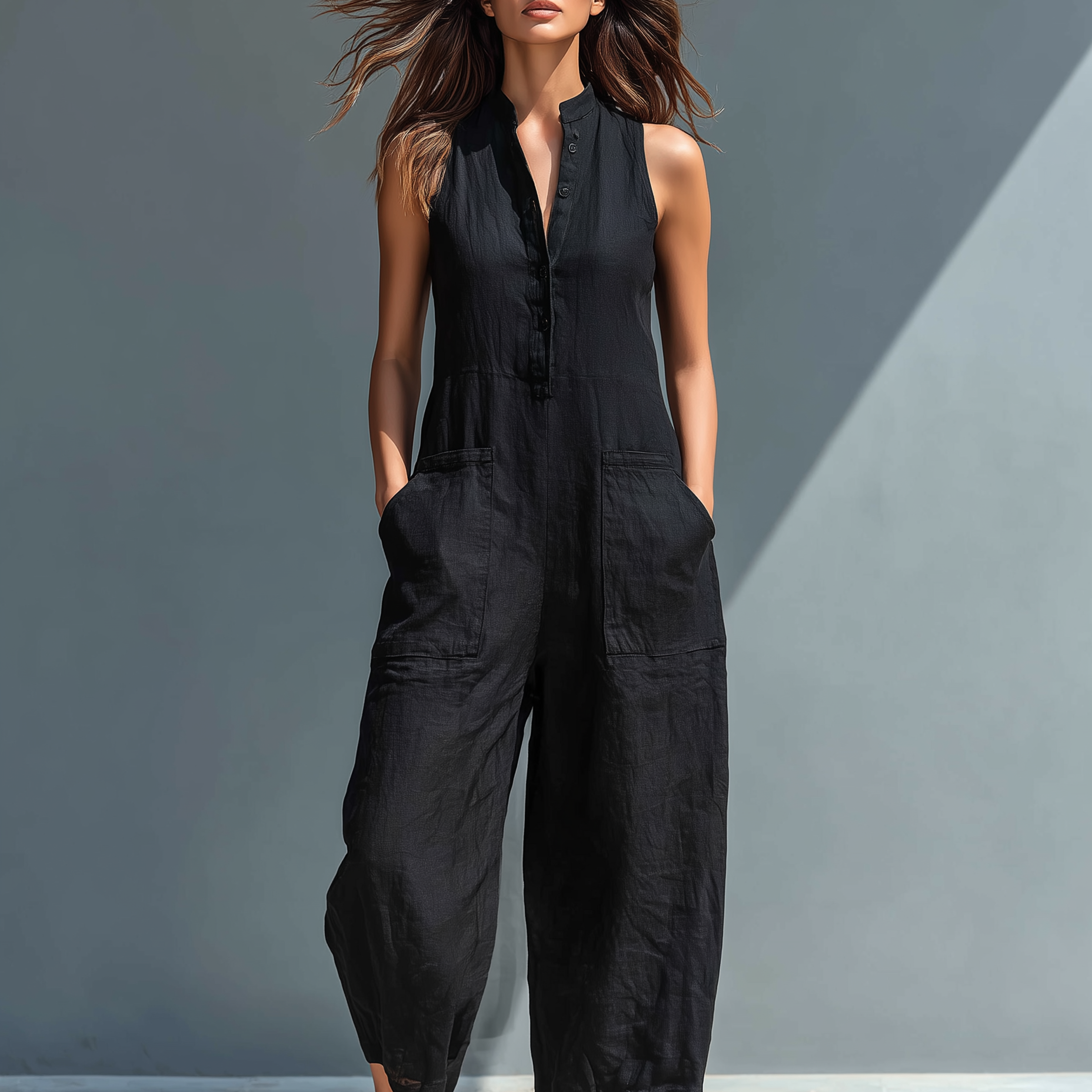Sleeveless Button Front Jumpsuit for Women