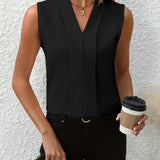 Women's V-Neck & Sleeveless Pleated Top - Matte Weave Finish