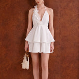 Amysaint - Marcella Halter Ruffled Mini Dress In White