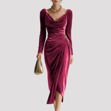 Draped Velvet Midi Dress with Long Sleeves