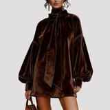 Bow Neck Velvet Mini Dress with Puff Sleeves