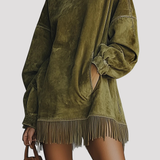 Fringe Hem Velvet Mini Dress with High Neck