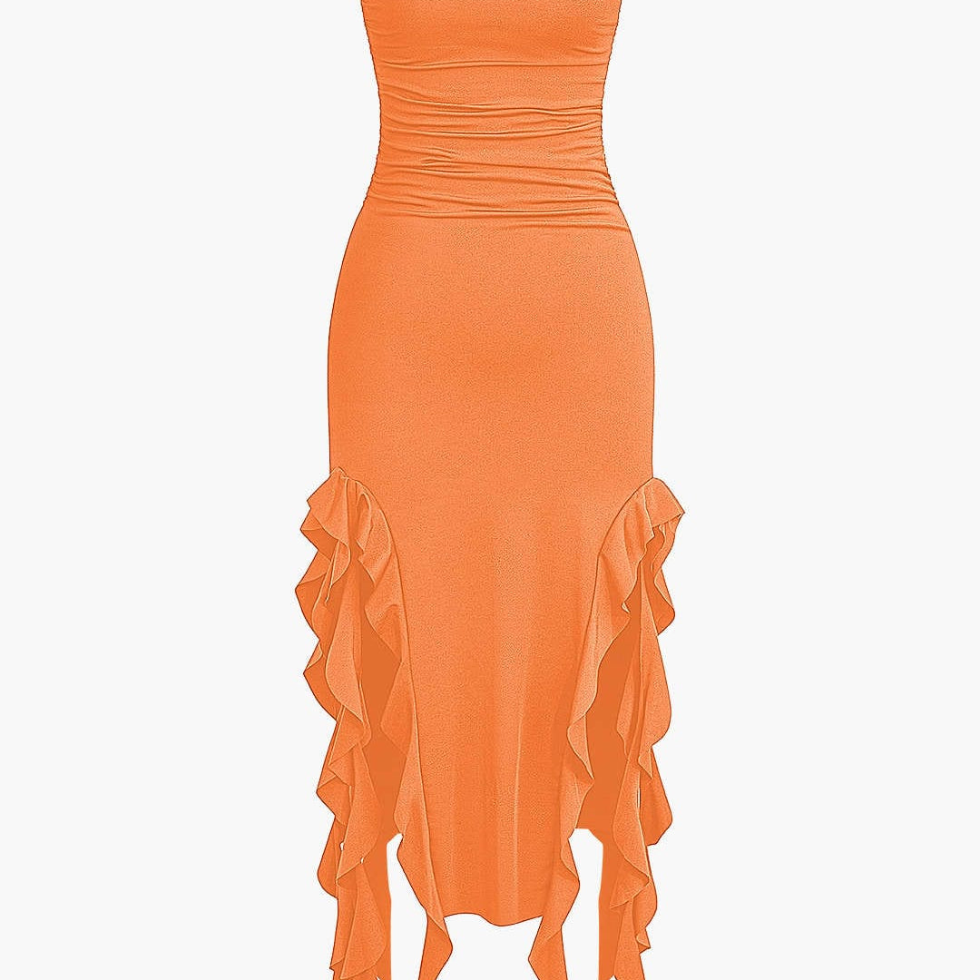 Strapless Fringe Hem Bodycon Midi Dress