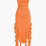 Strapless Fringe Hem Bodycon Midi Dress