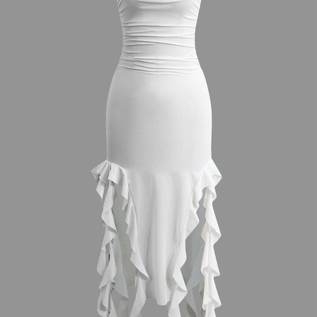 Strapless Fringe Hem Bodycon Midi Dress