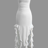 Strapless Fringe Hem Bodycon Midi Dress
