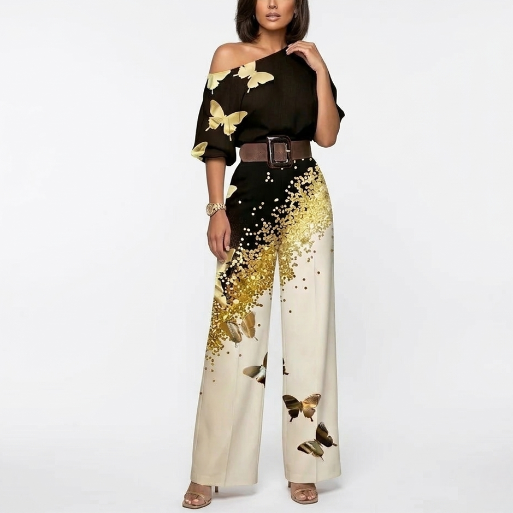 Women's One Shoulder Belted Jumpsuit - Draped Printed Design