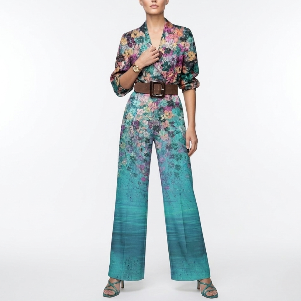Women's One Shoulder Belted Jumpsuit - Draped Printed Design