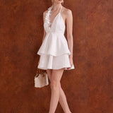 Amysaint - Marcella Halter Ruffled Mini Dress In White