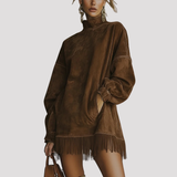 Fringe Hem Velvet Mini Dress with High Neck
