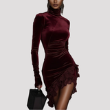 Ruched High Neck Velvet Mini Dress